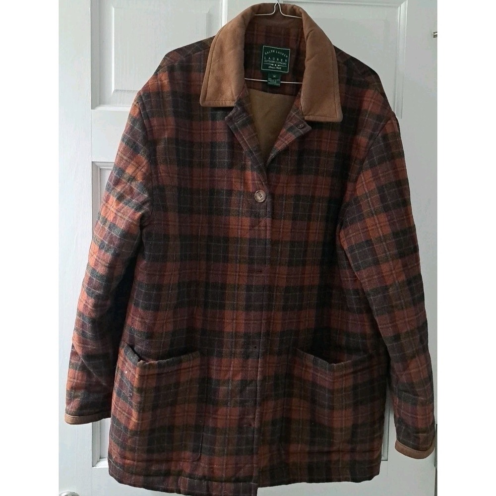 Rare LRL Outdoor Clothing Plaid Lambswool W/Leather Trim Barncoat  Mens Med READ